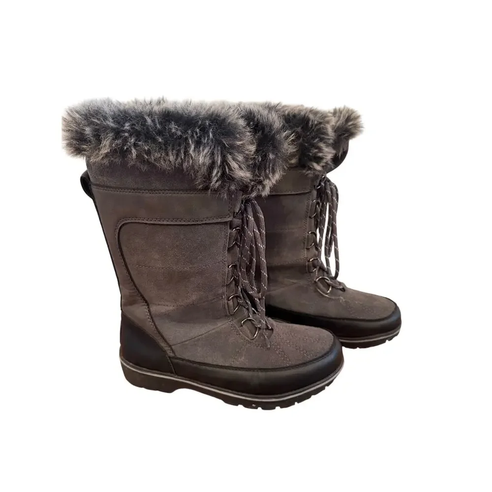 Champion Women's Winter Boots Ellysa Gray Black Leather Faux Fur Lace Up Size 8